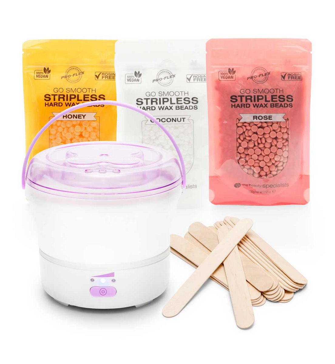 RIO Go Smooth Hard Wax Heater Including 3 X 100G Bags Of Stripless Beads: Rose, Honey & Coconut
