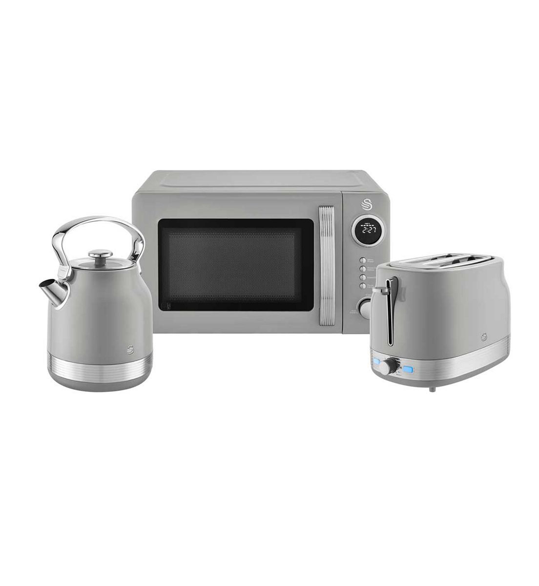 Swan Retrorevive Traditional 1.7L Kettle, 2 Slice Toaster And 20L Microwave Grey Chrome Trim